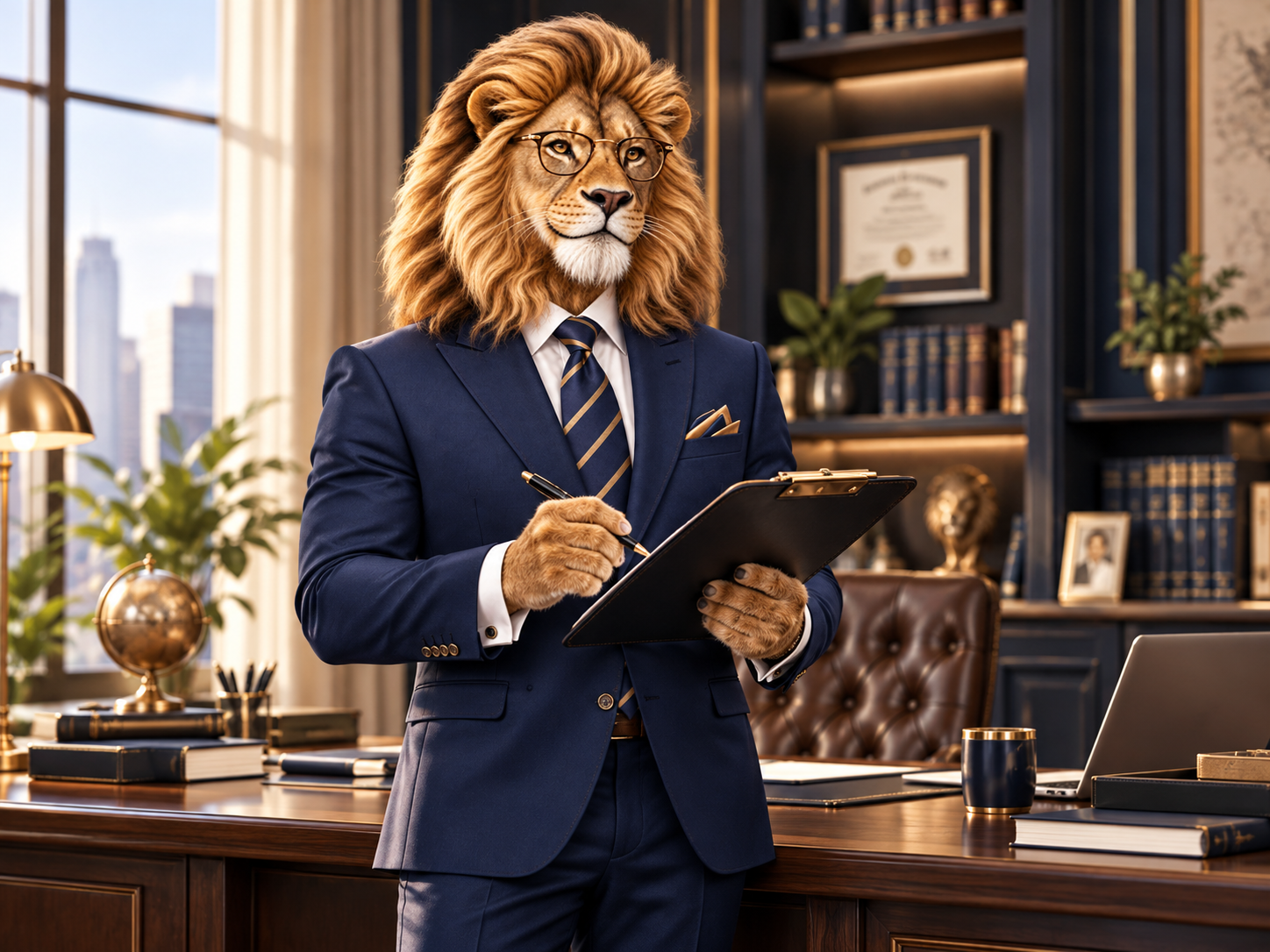 A sophisticated lion executive in a professional office environment, reviewing documents and completing work.